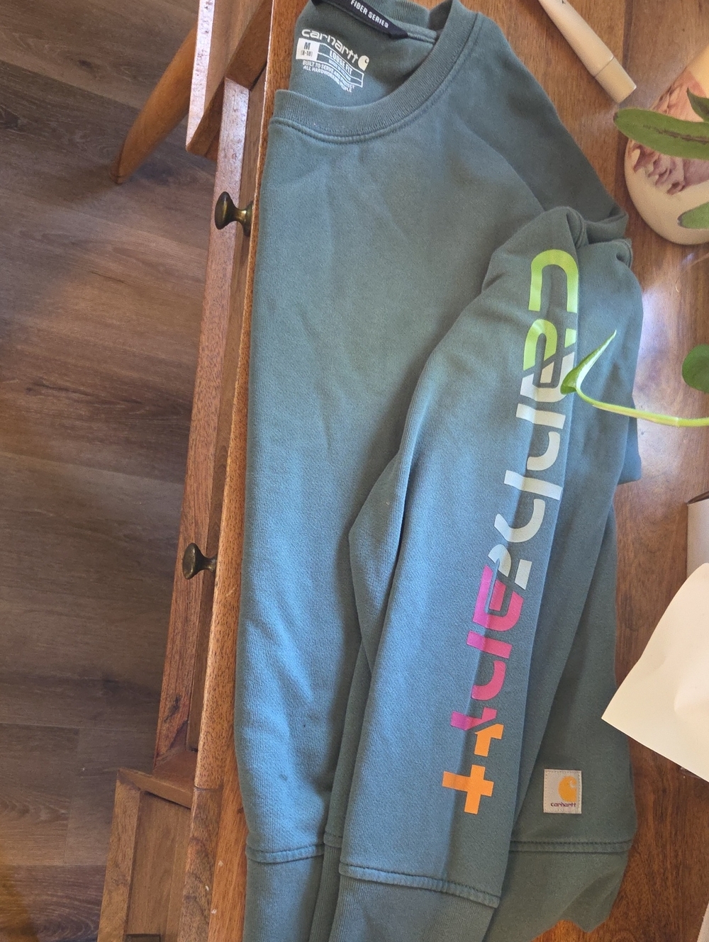 Carhartt Women's Teal Crewneck with Multicolor Sleeve Logo